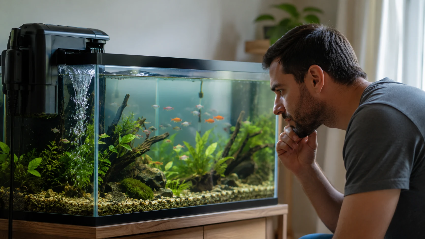 Fishkeeper inspecting a noisy aquarium filter