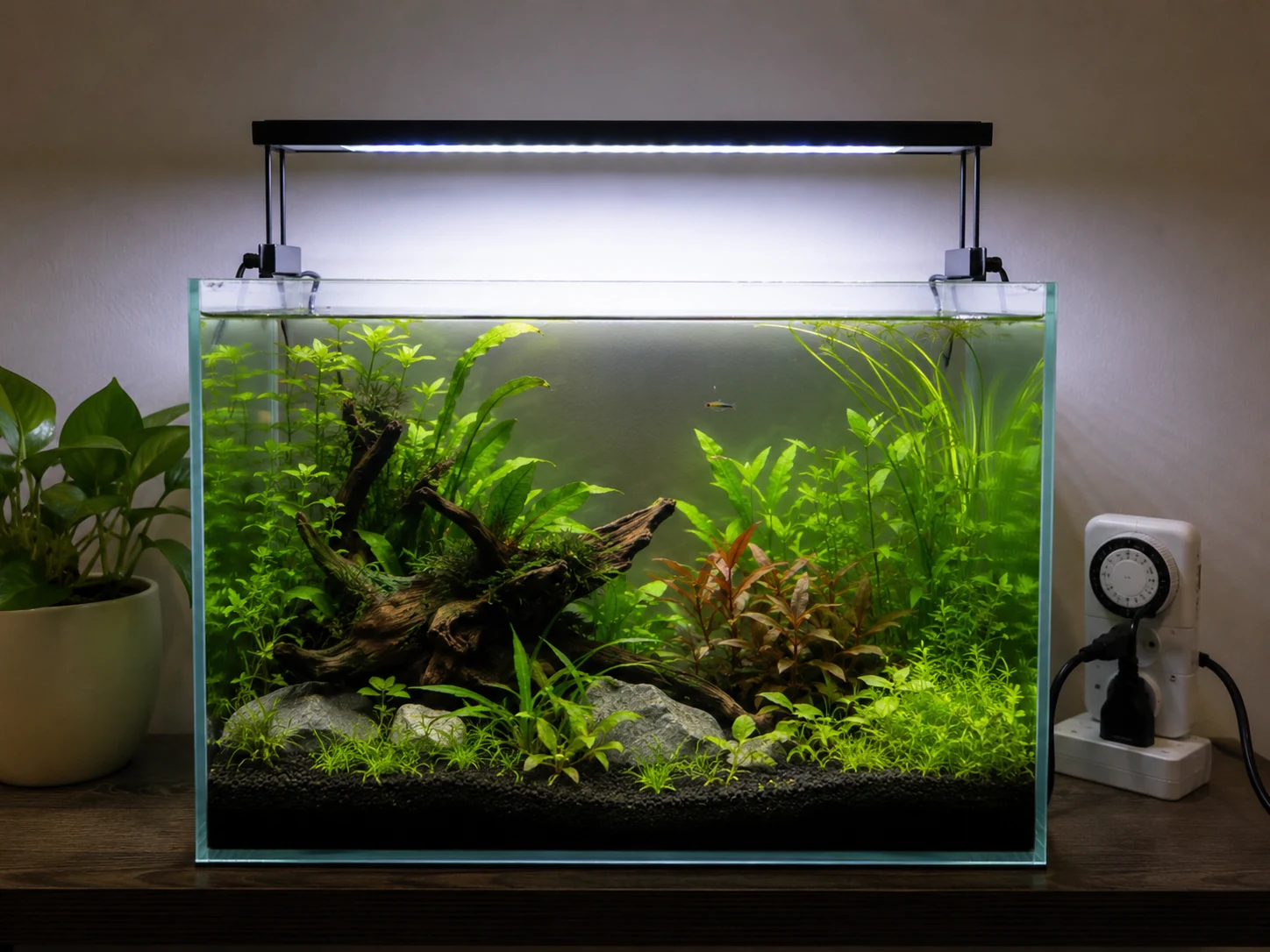 Aquarium LED light with a timer for a low-tech planted tank