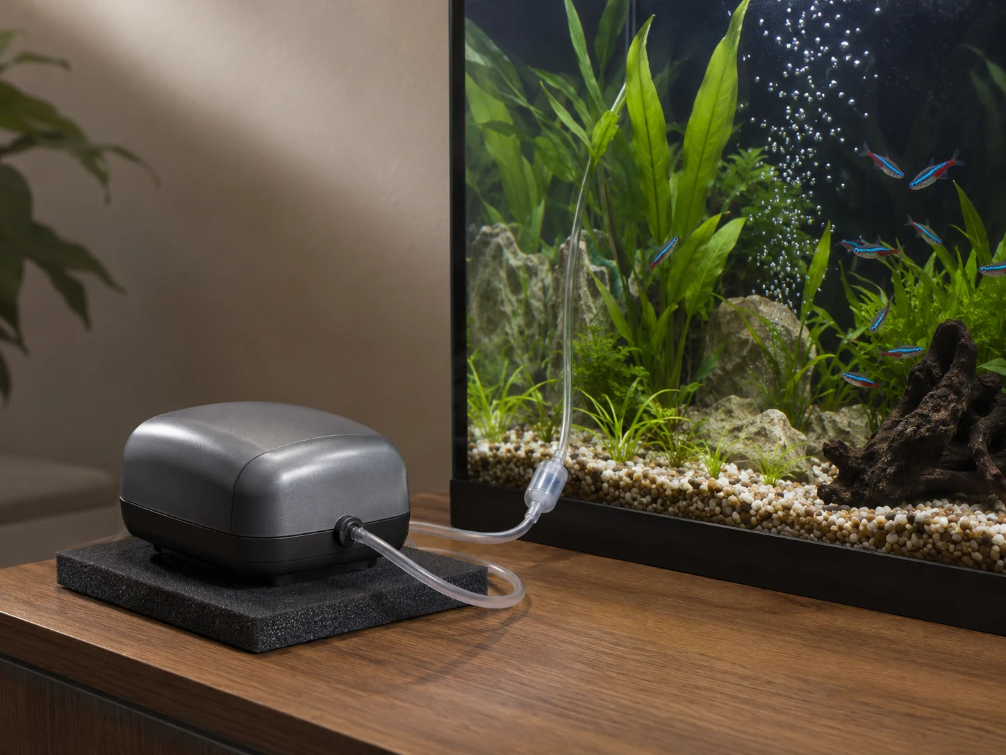 Aquarium air pump sitting on a soft vibration pad near a tank