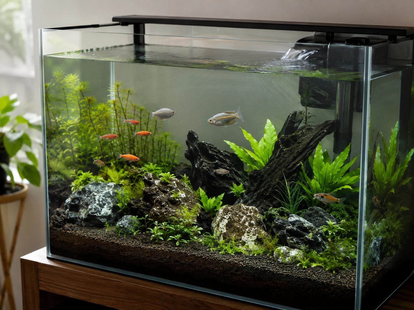 Quiet aquarium filter flow with healthy fish and clear water