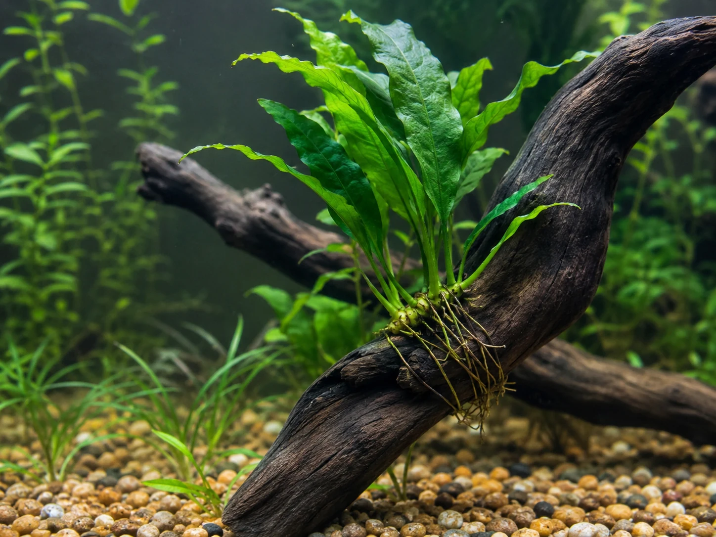 Anubias or Java fern attached to wood with the rhizome exposed