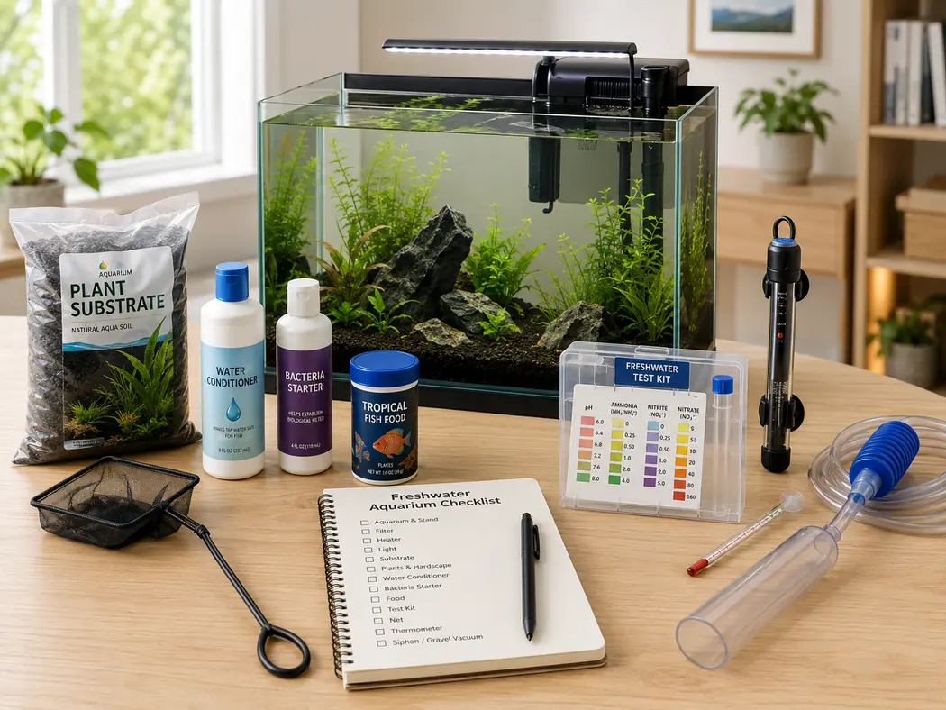 Beginner freshwater aquarium setup with essential equipment