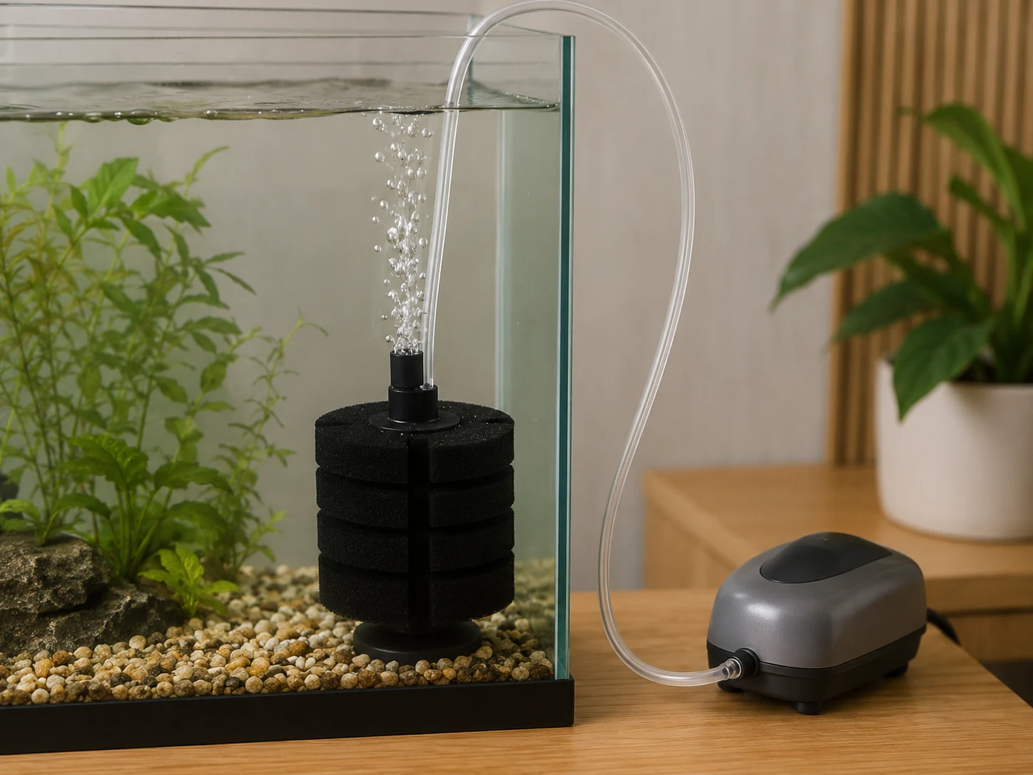 Sponge filter and air pump setup for a small aquarium