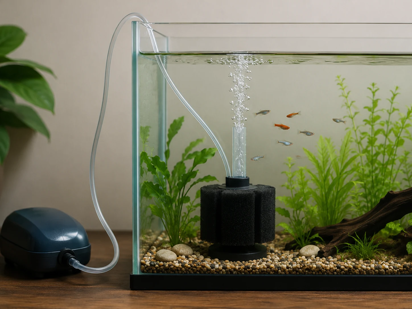 Sponge filter running from an air pump in a small freshwater aquarium