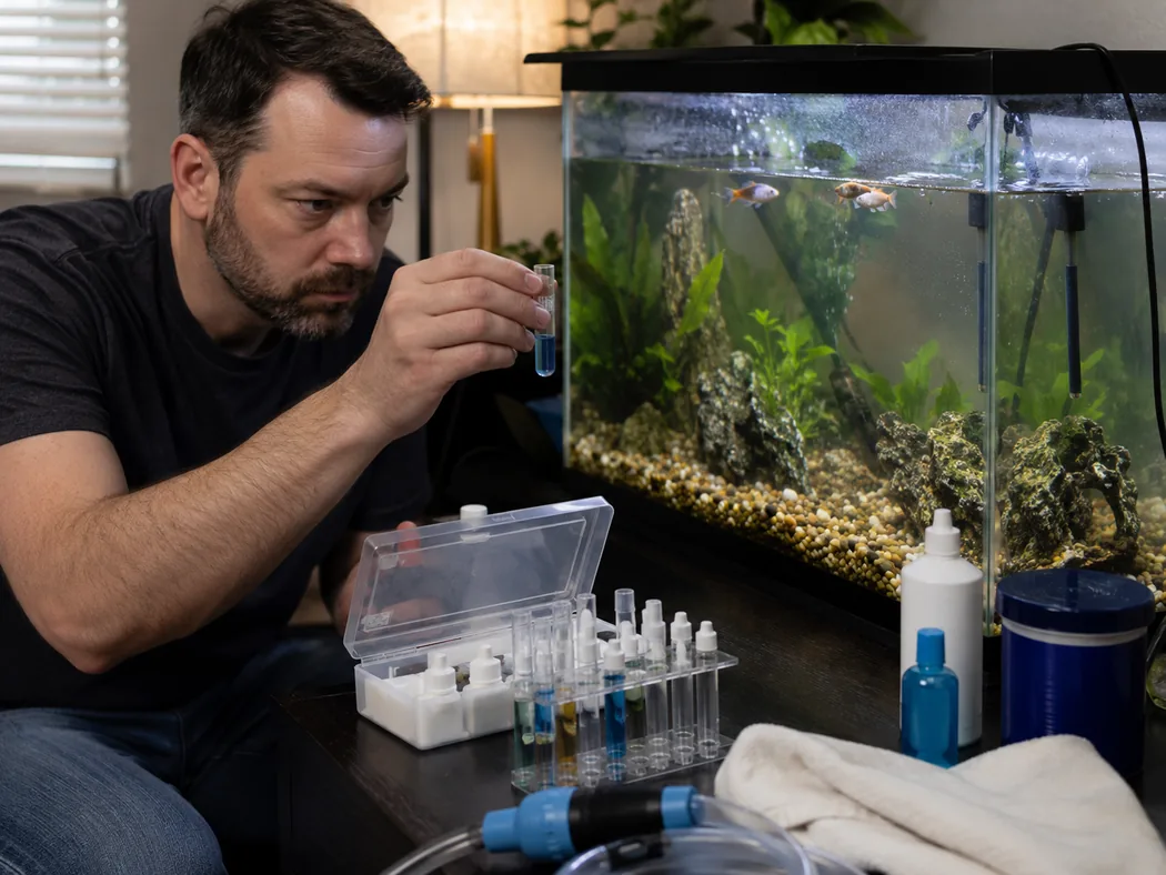 A fishkeeper testing aquarium water during an urgent uncycled tank situation