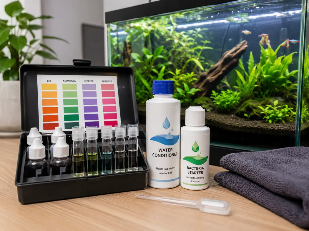 Water Care Test kits, conditioners, and bacteria starters.