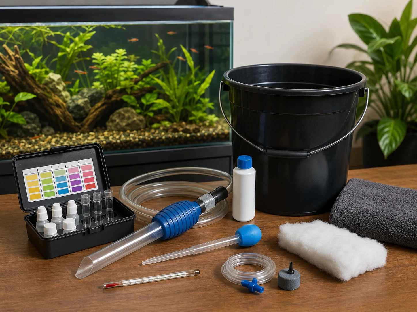 Aquarium water change toolkit with siphon conditioner test kit and thermometer